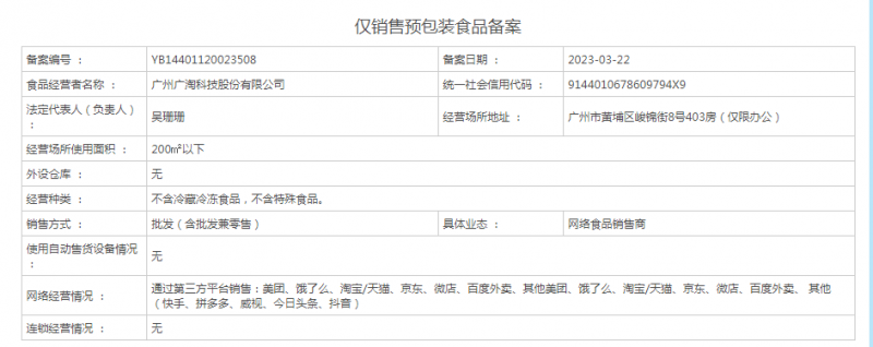 广淘仅销售预包装食品备案